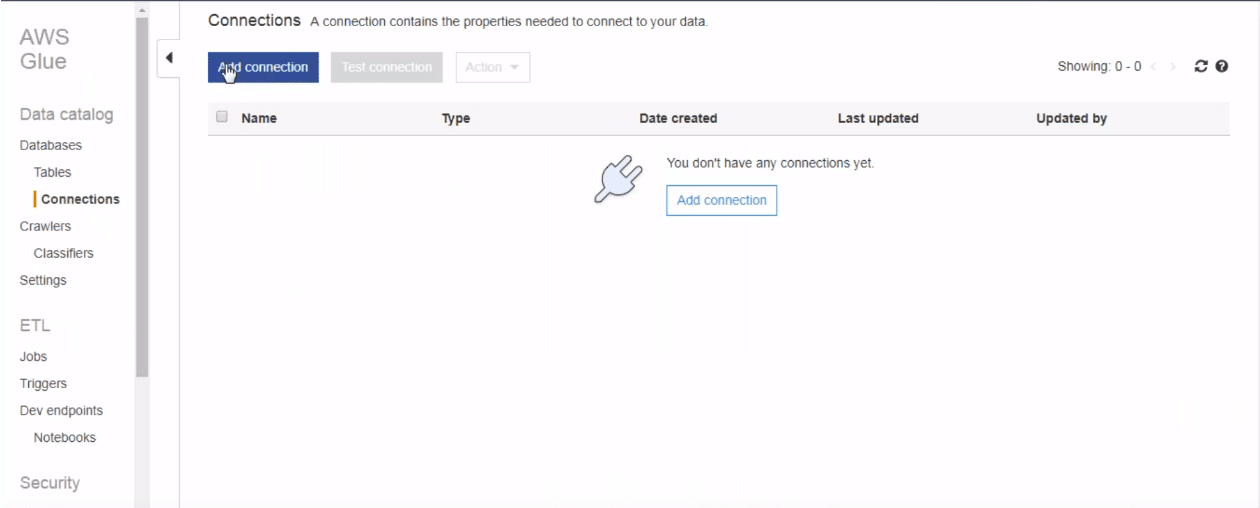 adding connection to AWS Glue