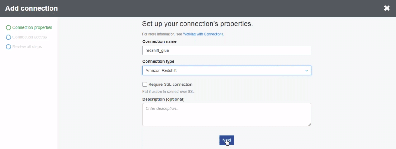 setting up connection in AWS Glue