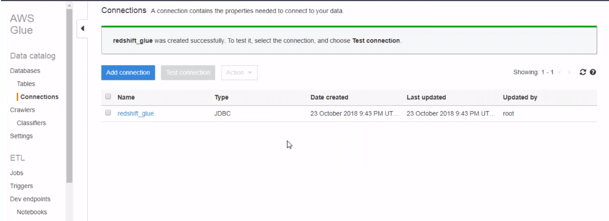 Connection set up in AWS glue